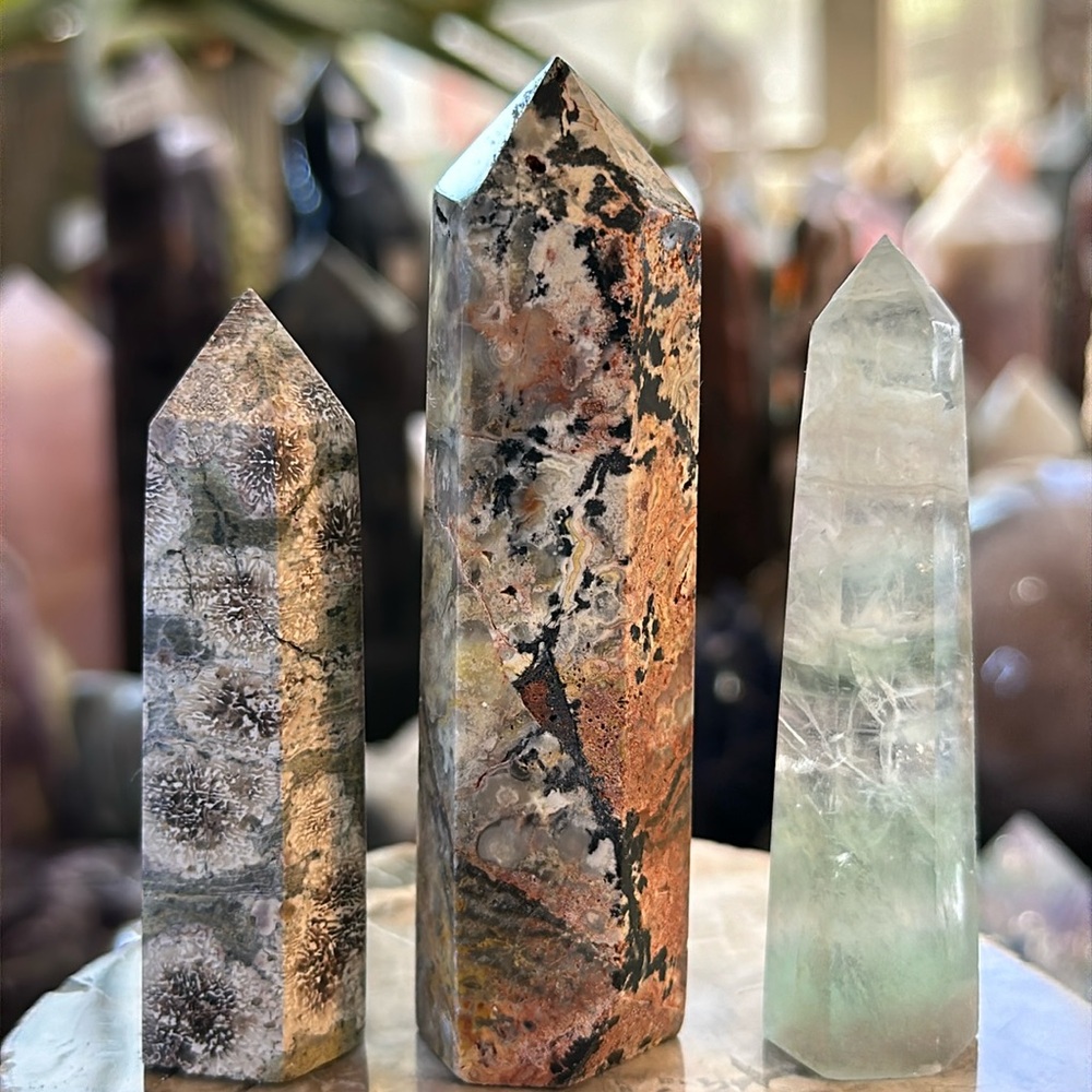 3 Points! Rhyolite. Crazy Lace Agate. Green Fluorite.
